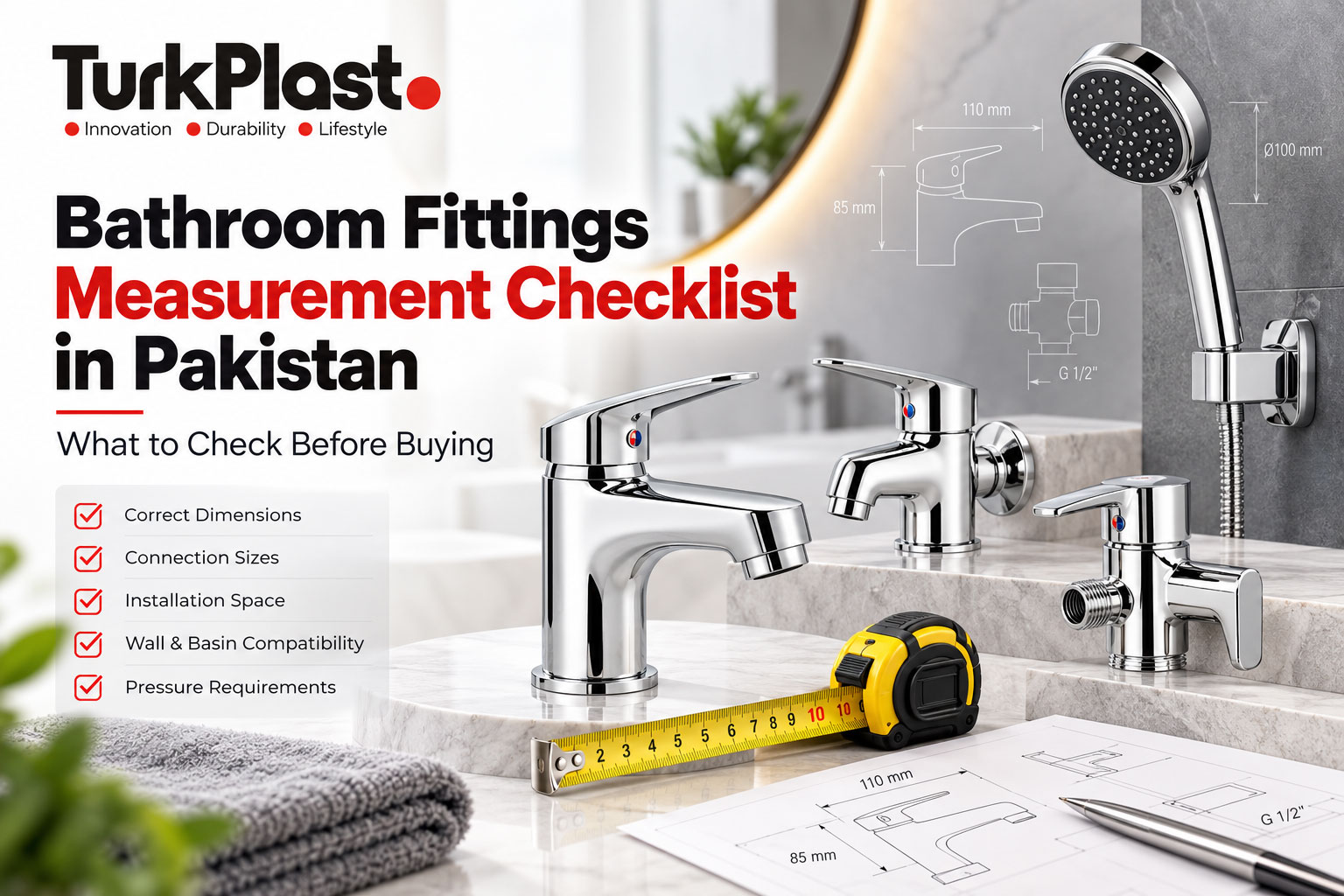 Bathroom fittings measurement checklist for Pakistani homes.